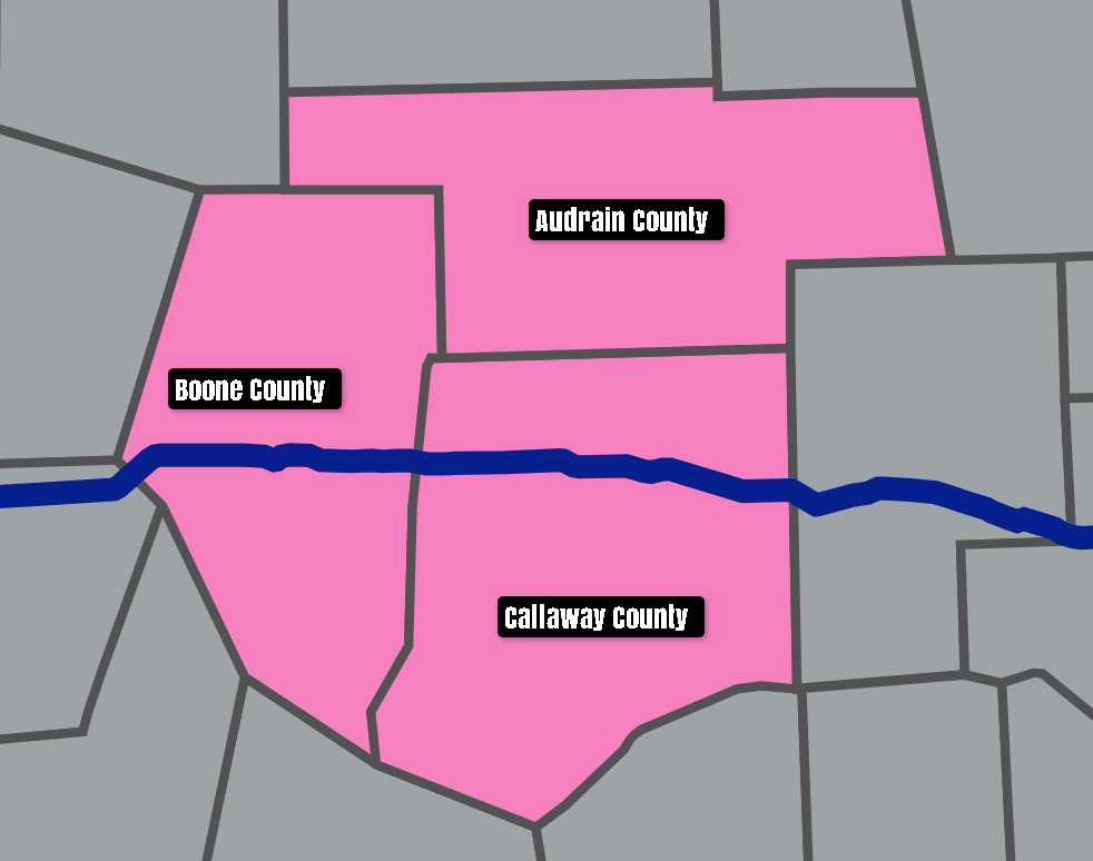 Map of central Missouri showing Boone, Callaway, and Audrain counties highlighted in pink as Mali's primary service area, with surrounding counties in gray